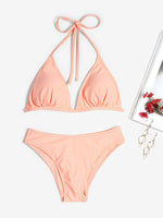 Wholesale Halter Lace-Up Wireless Sleeveless Pink Bikinis