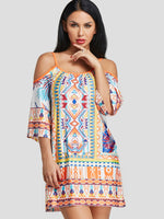 Wholesale Cold Shoulder Half Sleeve Tribal Print Spaghetti Strap Casual Dresses