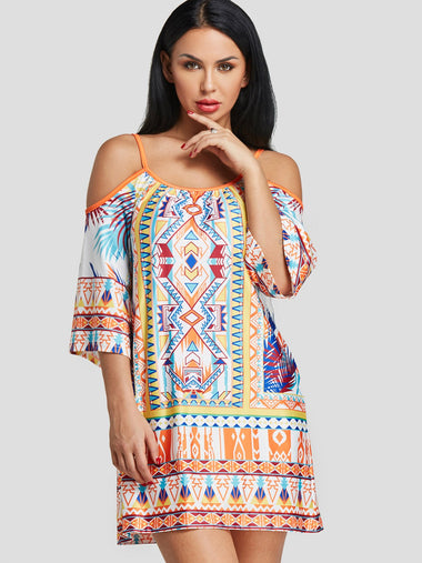 Wholesale Cold Shoulder Half Sleeve Tribal Print Spaghetti Strap Casual Dresses