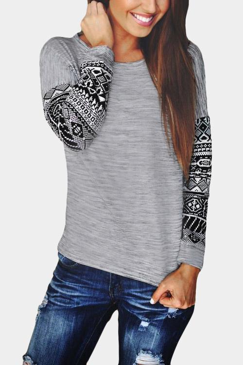 Wholesale Round Neck Printed Long Sleeve Grey T-Shirts