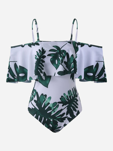 Wholesale Cold Shoulder Short Sleeve Printed Flounced Hem One-Pieces Swimwear
