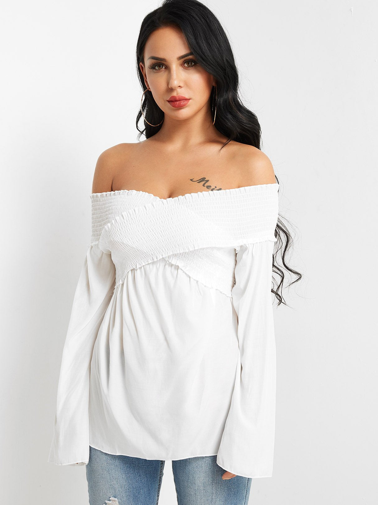 Wholesale Off The Shoulder Plain Crossed Front Pleated Long Sleeve White Top