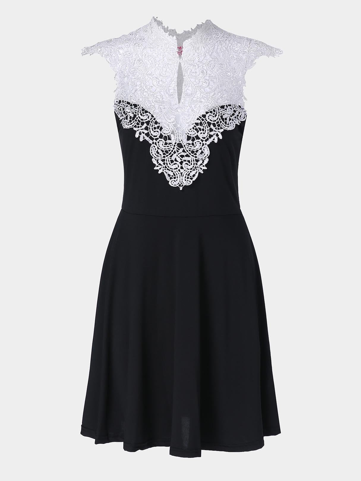 Wholesale Black V-Neck Sleeveless Plain Lace Zip Back Hollow Midi Dress