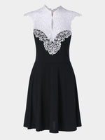 Wholesale Black V-Neck Sleeveless Plain Lace Zip Back Hollow Midi Dress