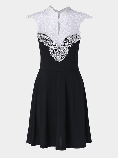 Wholesale Black V-Neck Sleeveless Plain Lace Zip Back Hollow Midi Dress