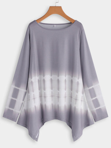 Wholesale Round Neck Long Sleeve Handkerchief Hem Grey Plus Size Tops