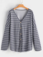 Wholesale Stripe V-Neck Long Sleeves Button Design T-Shirt