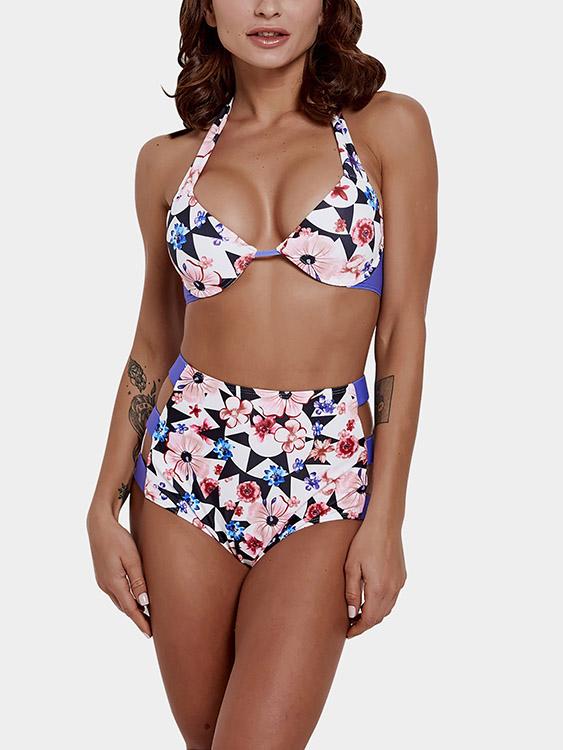 Wholesale Halter Floral Print Cut Out Tie-Up Sleeveless High-Waisted Purple Bikini Set