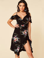 Wholesale Black Deep V Neck Short Sleeve Floral Print Slit Spaghetti Strap Wrap Flounced Hem Dresses