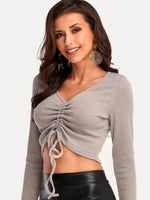 Wholesale Deep V Neck Lace-Up Pleated Cable Knit Long Sleeve Grey Top