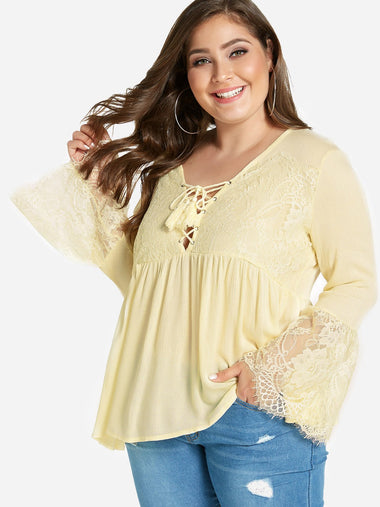 Wholesale V-Neck Lace Long Sleeve Beige Plus Size Tops