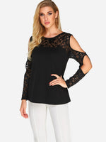 Wholesale Round Neck Lace Cut Out Long Sleeve Black T-Shirt