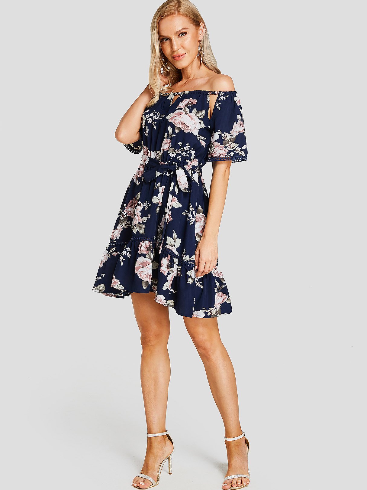 NEW FEELING Womens Navy Off The Shoulder Dresses