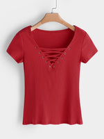Wholesale V-Neck Lace-Up Short Sleeve Red T-Shirts