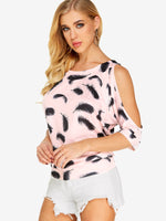 Wholesale Round Neck Cold Shoulder Floral Print Half Sleeve T-Shirts
