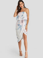 Wholesale White Strapless Sleeveless Floral Print Crossed Front Backless Irregular Hem Dresses