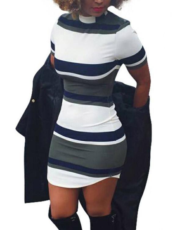 Wholesale Round Neck Short Sleeve Stripe Curved Hem Mini Dress