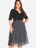 Wholesale V-Neck Polka Dot Wrap Half Sleeve Black Plus Size Dress