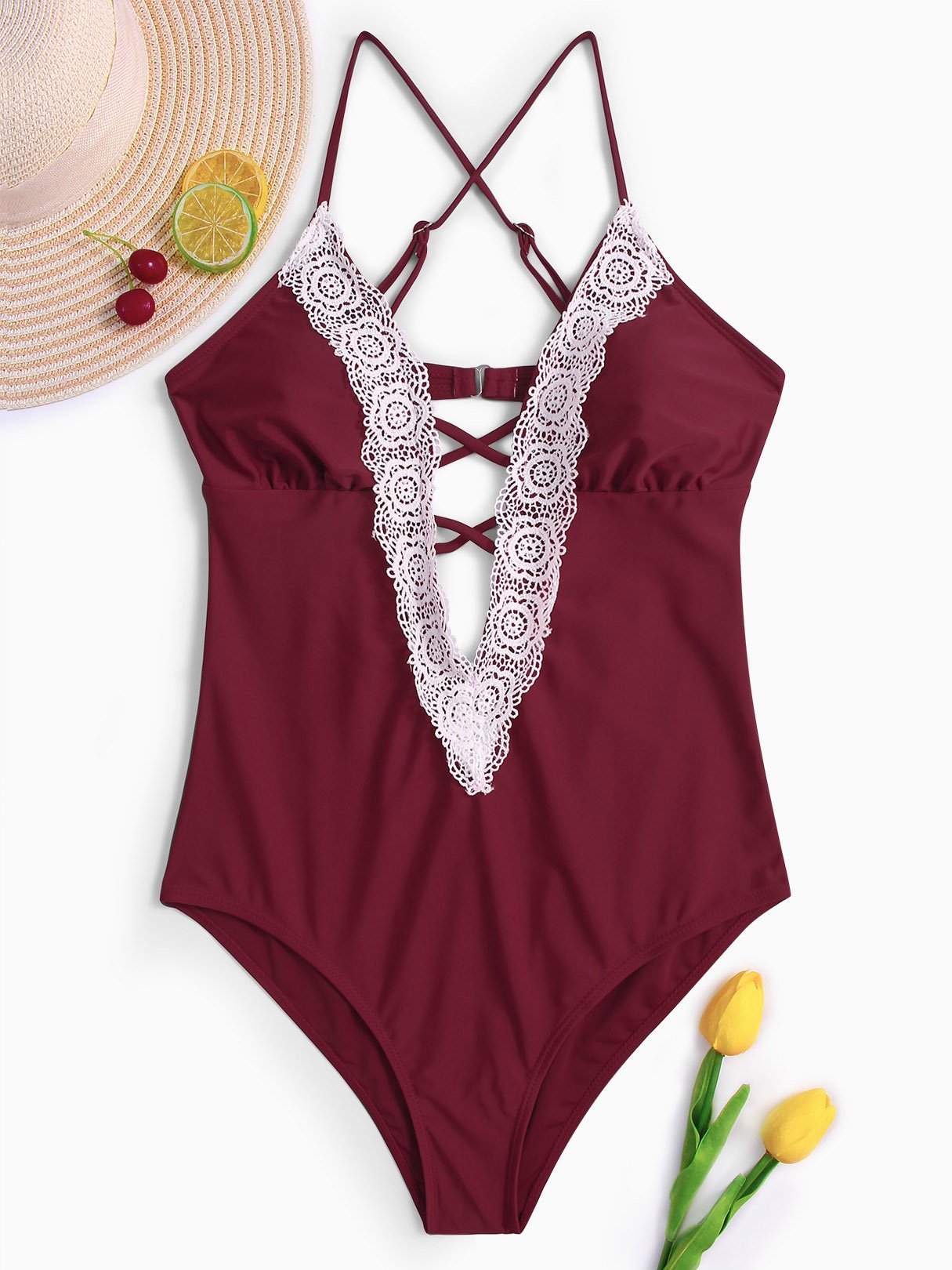 Wholesale Red Halter Deep V Neck Sleeveless Plain Lace-Up One-Pieces