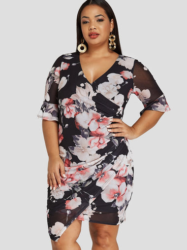 Wholesale Crossed Collar Deep V Neck Floral Print Crossed Front Half Sleeve Asymmetrical Hem Black Plus Size Dress