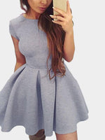 Wholesale Grey Round Neck Short Sleeve Backless Lace-Up Flounced Hem Mini Dress