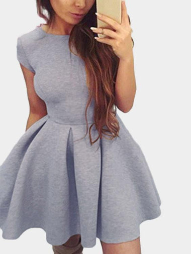 Wholesale Grey Round Neck Short Sleeve Backless Lace-Up Flounced Hem Mini Dress