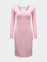 Wholesale Pink V-Neck Long Sleeve Plain Zip Back Hollow Lace-Up Pleated Midi Dress