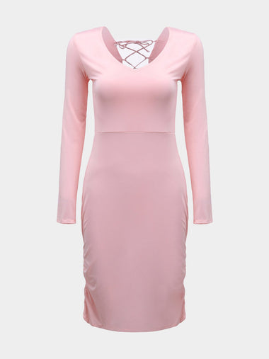 Wholesale Pink V-Neck Long Sleeve Plain Zip Back Hollow Lace-Up Pleated Midi Dress