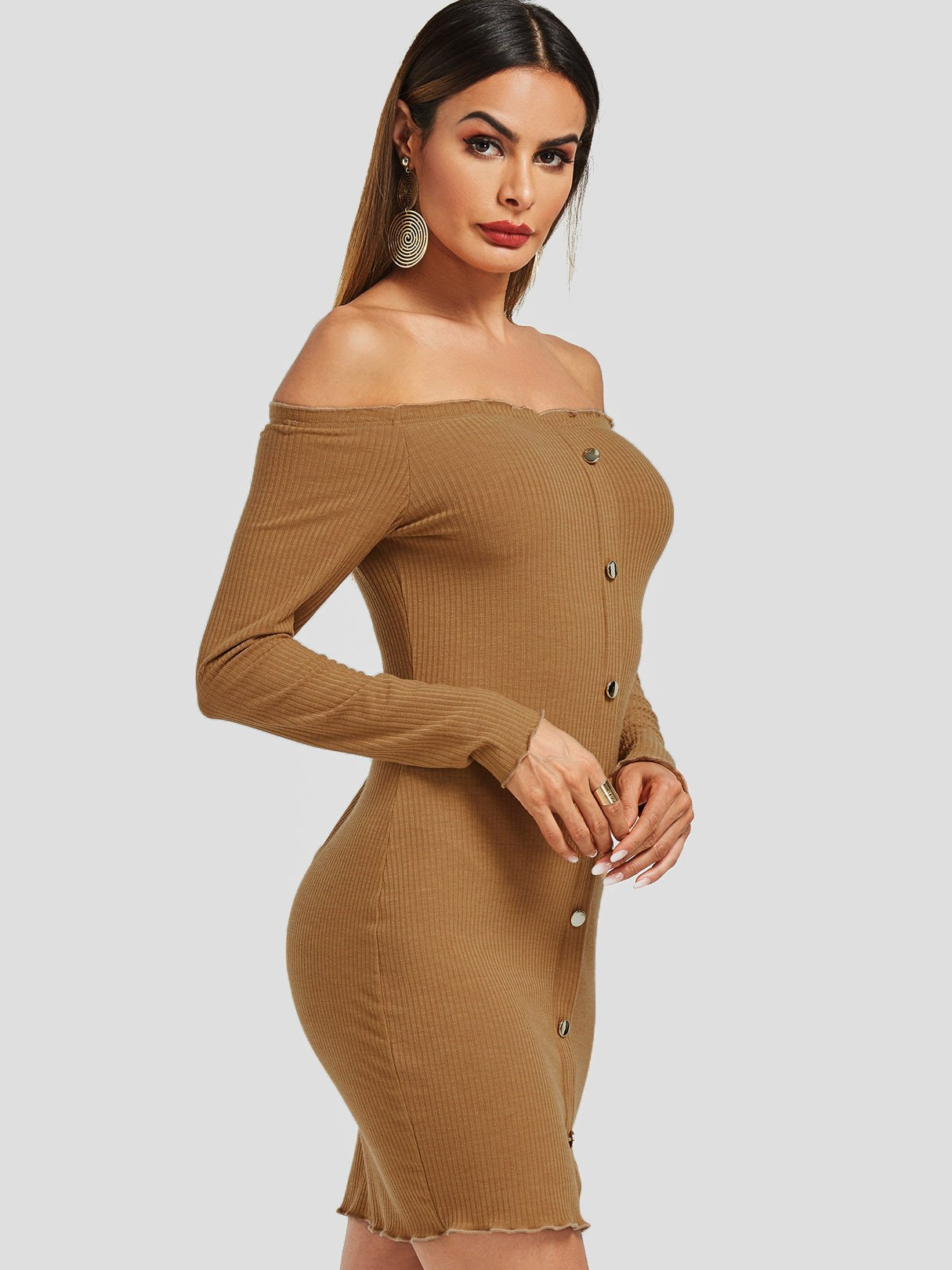 OEM Ladies Camel Off The Shoulder Dresses