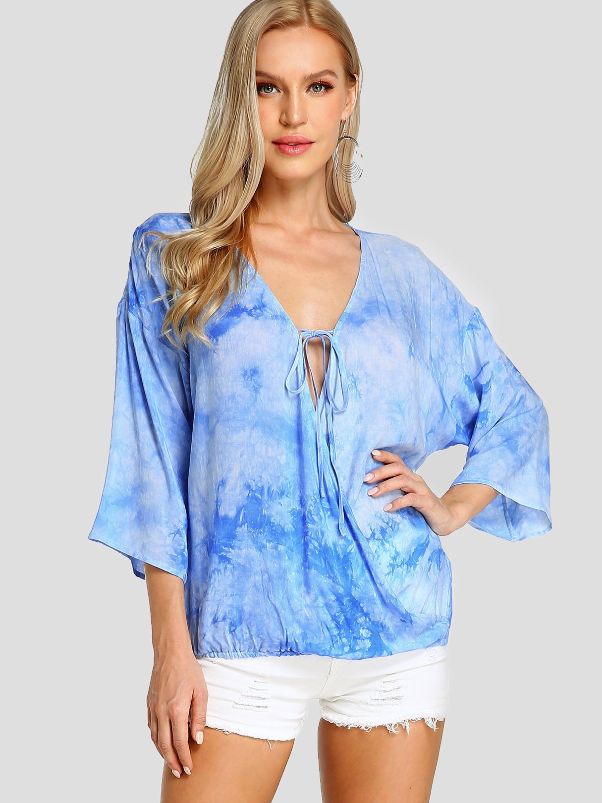Wholesale Deep V Neck Crossed Front Lace-Up 3/4 Sleeve Blue Blouses