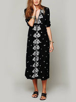 Wholesale V-Neck 3/4 Length Sleeve Floral Print Embroidered Maxi Dresses