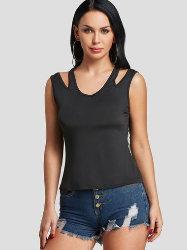 Wholesale Cut Out Sleeveless Round Neck Black Tank Top