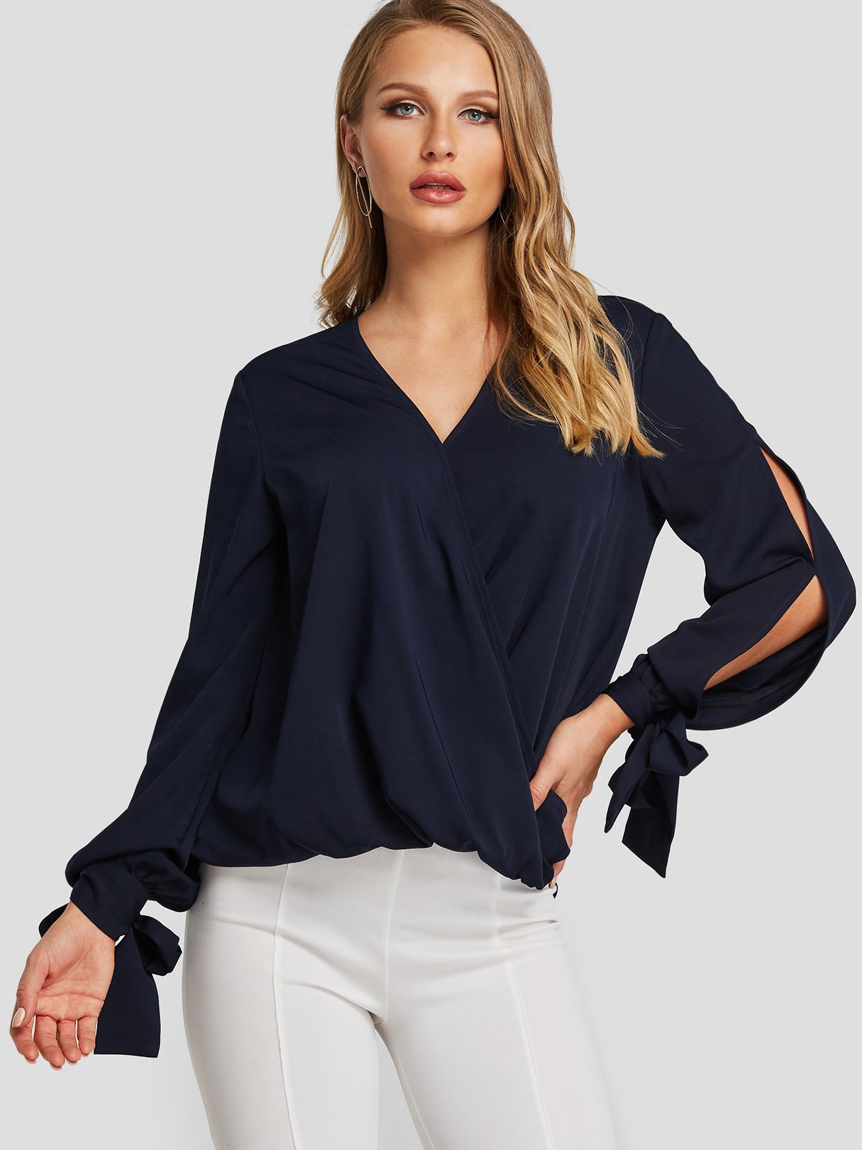 Wholesale V-Neck Crossed Front Cut Out Long Sleeve Navy Blouses