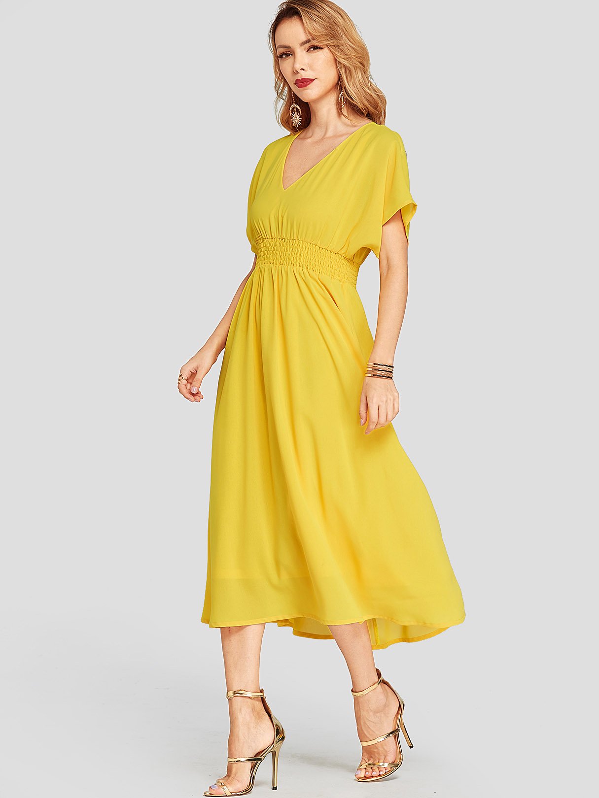 OEM Ladies Yellow V-Neck Dresses