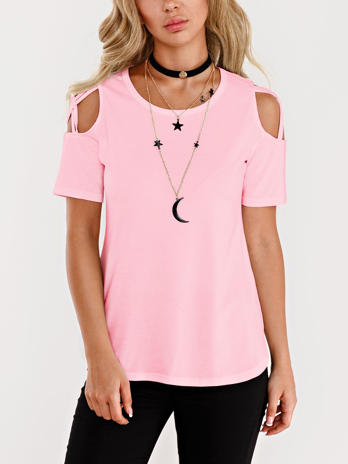 Wholesale Round Neck Cold Shoulder Cut Out Short Sleeve Curved Hem Pink T-Shirts