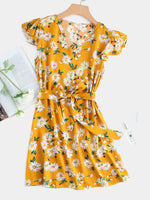 Wholesale Yellow V-Neck Short Sleeve Floral Print Self-Tie Dresses