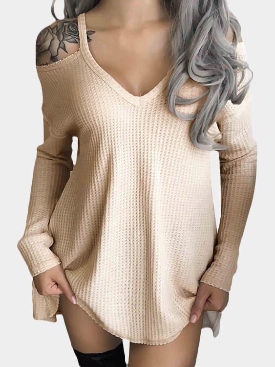 Wholesale V-Neck Plain Long Sleeve Beige Top