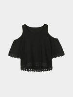 Wholesale Round Neck Cold Shoulder Half Sleeve Black Blouses