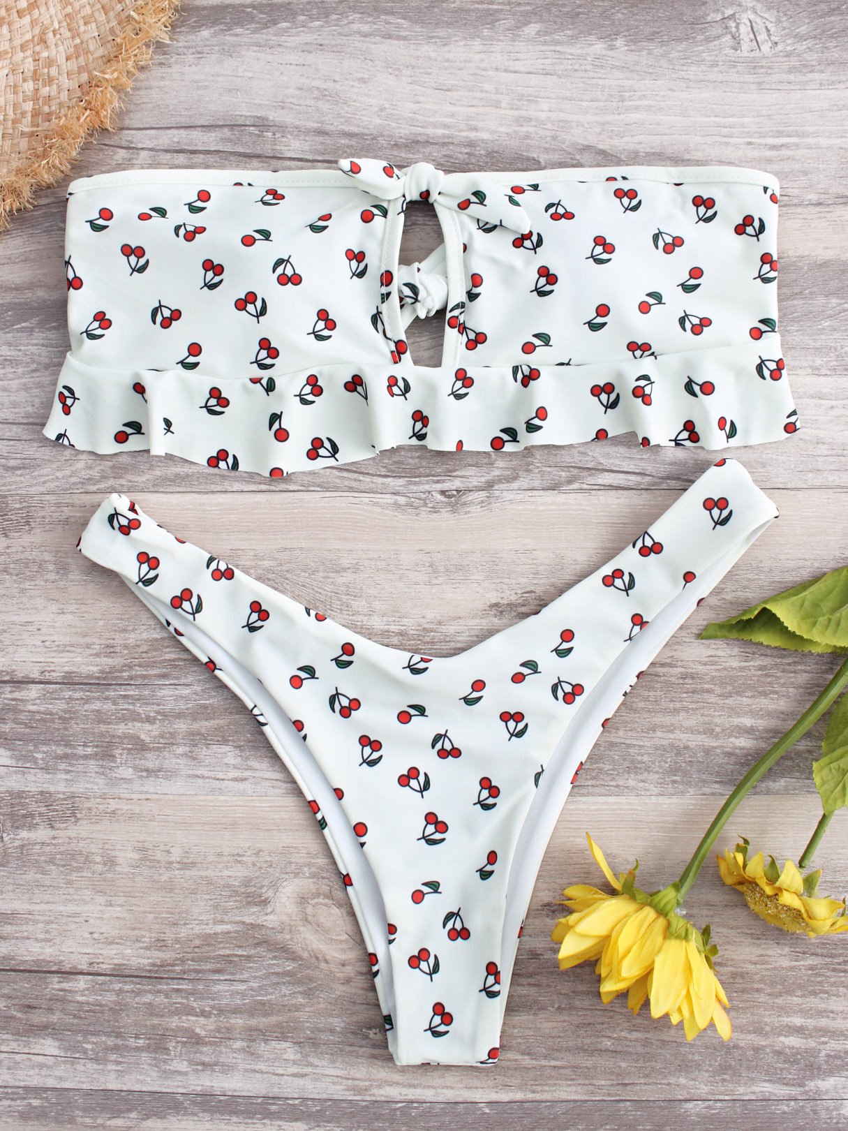 Wholesale White Bateau Sleeveless Floral Print Backless Hollow Self-Tie Bikini Sets
