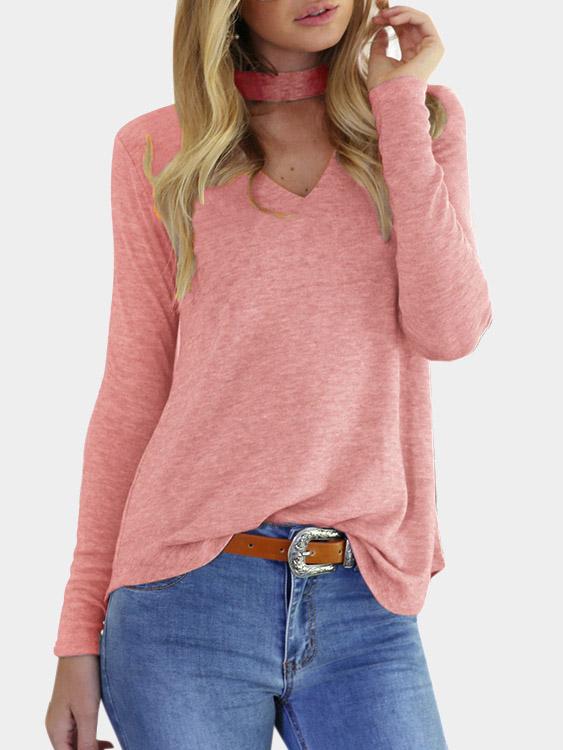 Wholesale V-Neck Long Sleeve Pink T-Shirts