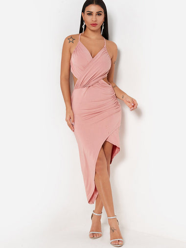 Wholesale Pink V-Neck Sleeveless Backless Slit Wrap Dresses