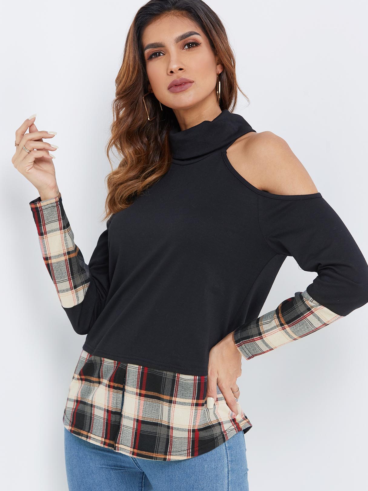Wholesale High Neck Cold Shoulder Grid Long Sleeve Black T-Shirts