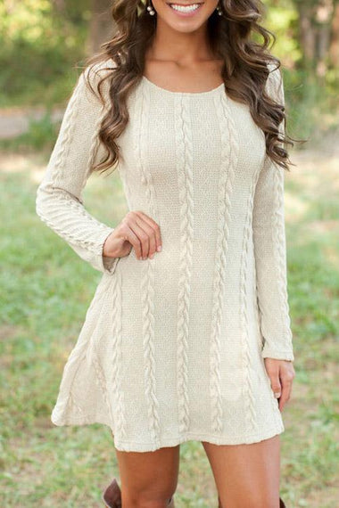 Wholesale Beige Round Neck Long Sleeve Plain Mini Dress