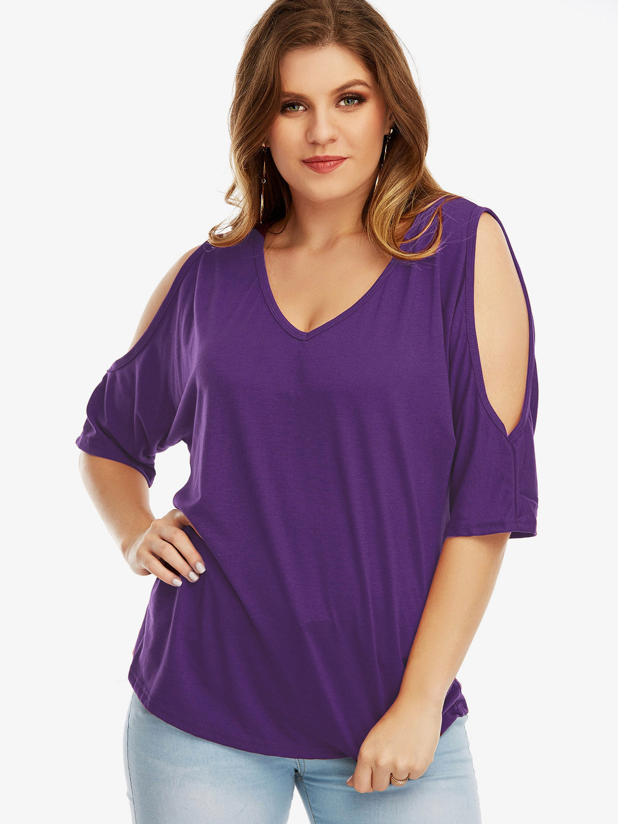 Wholesale V-Neck Cold Shoulder Plain Half Sleeve Plus Size Tops