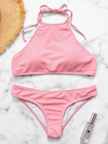 Wholesale Pink Halter Plain Tie-Up Two Piece Bikinis