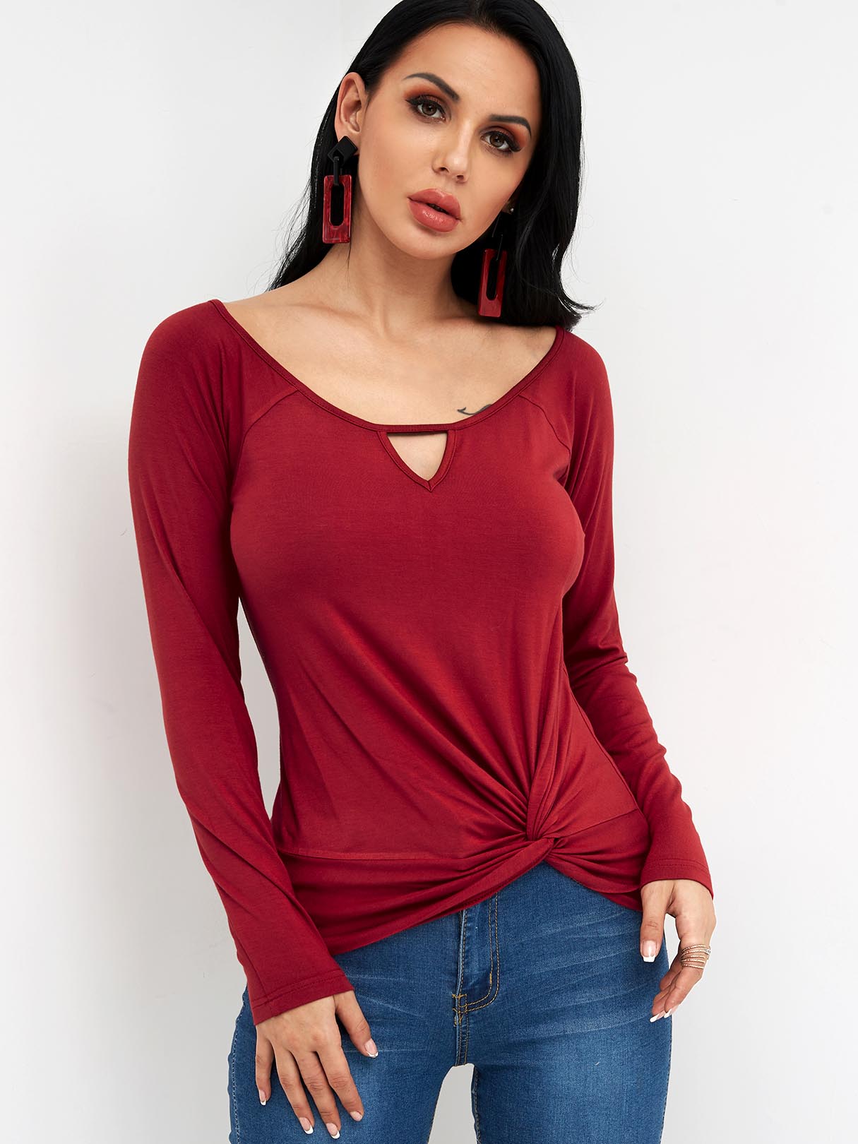 Wholesale Scoop Neck Plain Long Sleeve Burgundy T-Shirts
