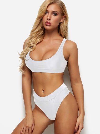 Wholesale White Square Neck Sleeveless High Waist Two Piece Bikinis