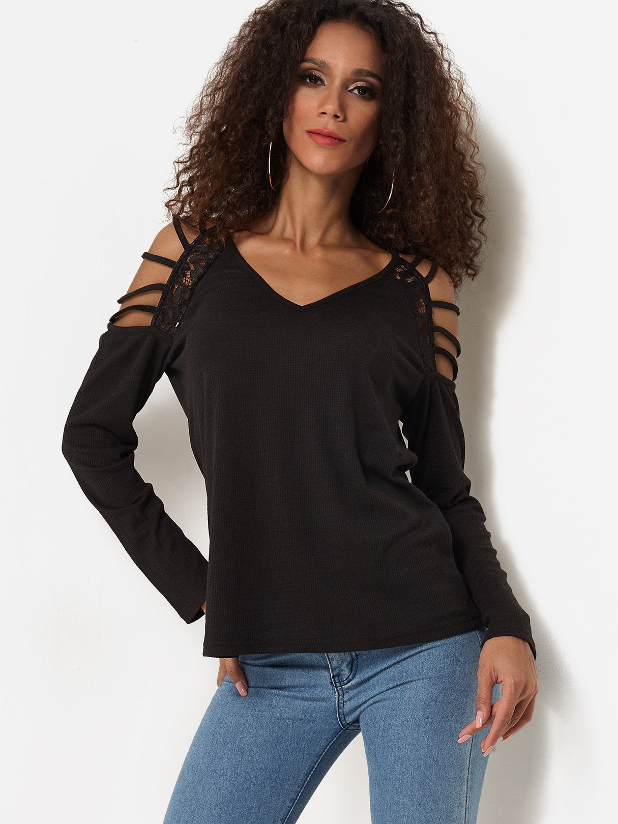 Wholesale V-Neck Cold Shoulder Plain Lace Cut Out Long Sleeve Black Top