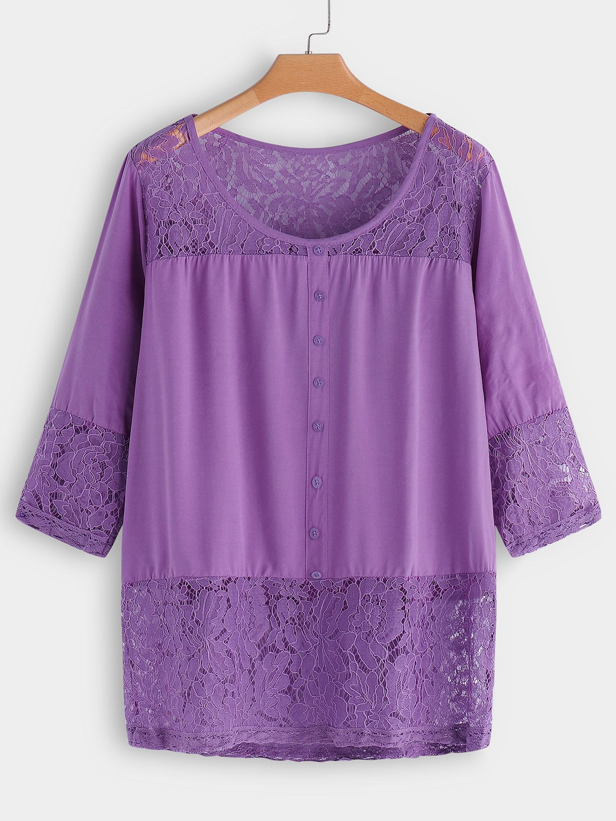 Wholesale Round Neck Lace 3/4 Sleeve Plus Size Tops