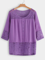 Wholesale Round Neck Lace 3/4 Sleeve Plus Size Tops